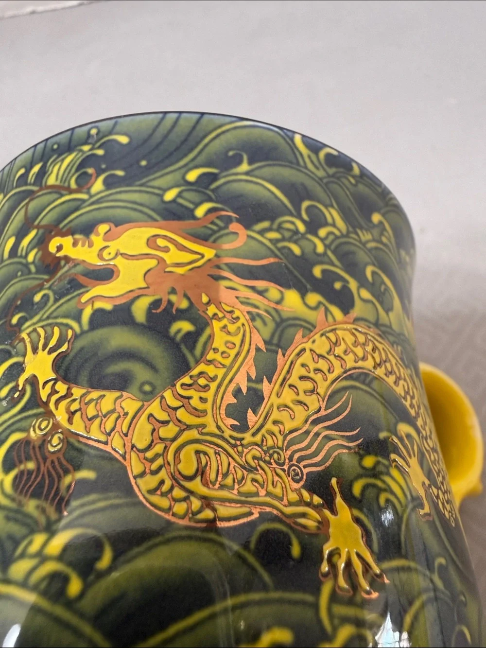 Porcelain Tea Cup Set Lid Saucer and Infuser Chinese Dragon Motif Yellow & Green